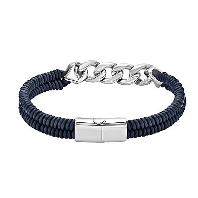 LYNX Men's Stainless Steel Curb Chain & Blue Leather Bracelet