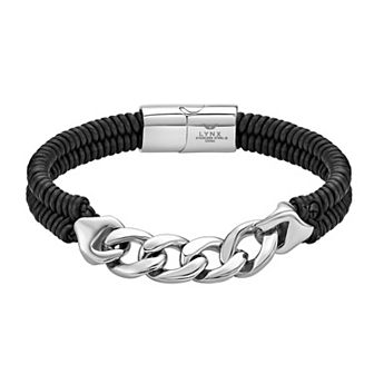 LYNX Men's Stainless Steel Curb Chain & Black Leather Bracelet