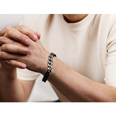 LYNX Men's Stainless Steel Curb Chain & Black Leather Bracelet