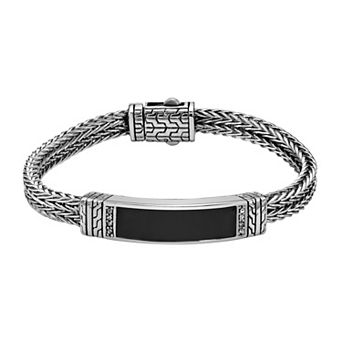LYNX Men's Stainless Steel Double Foxtail Chain Bracelet with Black Enamel Inlay