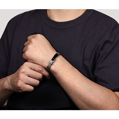 LYNX Men's Stainless Steel Double Foxtail Chain Bracelet with Black Enamel Inlay