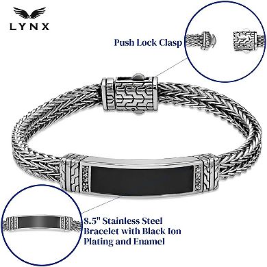 LYNX Men's Stainless Steel Double Foxtail Chain Bracelet with Black Enamel Inlay