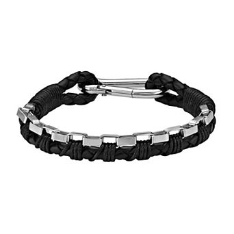 LYNX Men's Stainless Steel Black Leather Bracelet