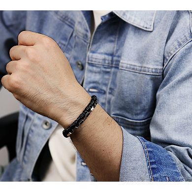 LYNX Men's Stainless Steel Black Leather Bracelet