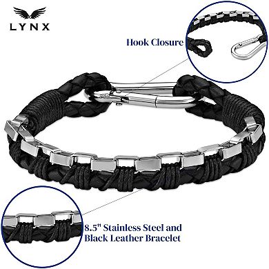 LYNX Men's Stainless Steel Black Leather Bracelet