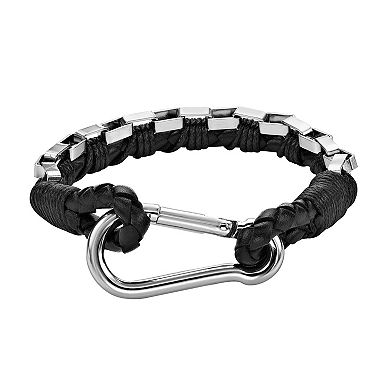 LYNX Men's Stainless Steel Black Leather Bracelet
