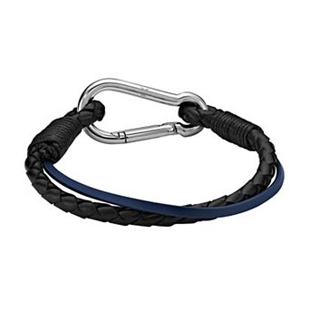 LYNX Men's Stainless Steel Black & Blue Leather Double Strand Bracelet