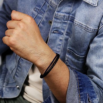 LYNX Men's Stainless Steel Black & Blue Leather Double Strand Bracelet