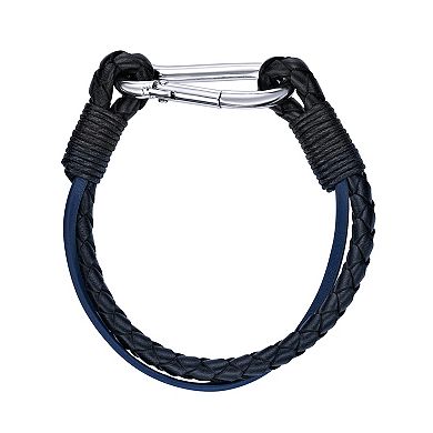 LYNX Men's Stainless Steel Black & Blue Leather Double Strand Bracelet