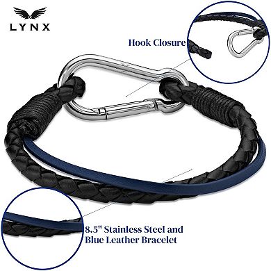 LYNX Men's Stainless Steel Black & Blue Leather Double Strand Bracelet