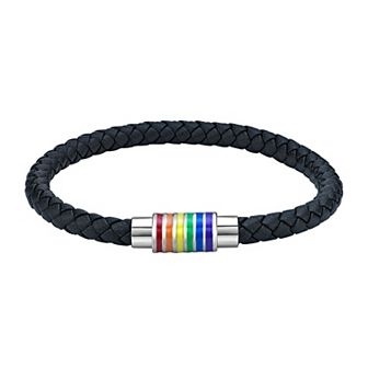 LYNX Men's Stainless Steel Black Leather & Rainbow Enamel Bracelet