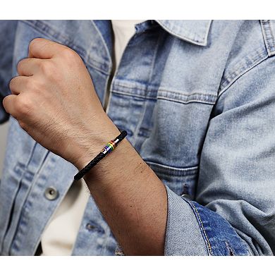 LYNX Men's Stainless Steel Black Leather & Rainbow Enamel Bracelet