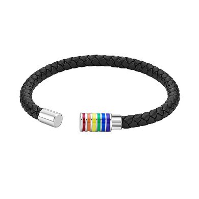 LYNX Men's Stainless Steel Black Leather & Rainbow Enamel Bracelet