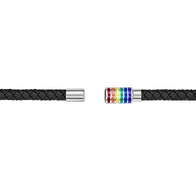 LYNX Men's Stainless Steel Black Leather & Rainbow Enamel Bracelet