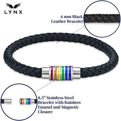 LYNX Men's Stainless Steel Black Leather & Rainbow Enamel Bracelet