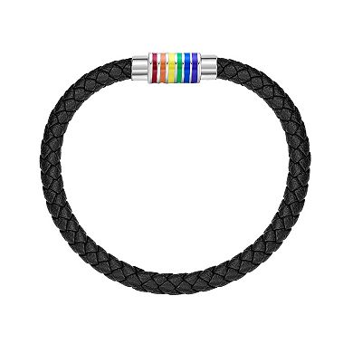LYNX Men's Stainless Steel Black Leather & Rainbow Enamel Bracelet