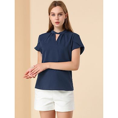 Women's Elegant Tulip Short Sleeve Choker Neck Keyhole Back Work Blouse