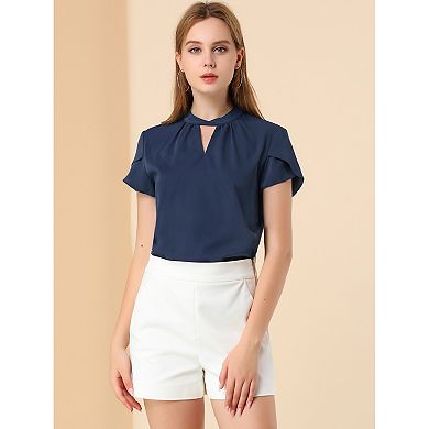 Women's Elegant Tulip Short Sleeve Choker Neck Keyhole Back Work Blouse