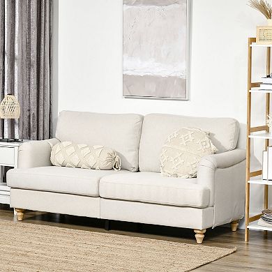 HOMCOM 3-Seater Sofa Couch, 71" Modern Linen Fabric Sofa with Rubber Wood Legs and Slatted Frame for Living Room, Bedroom and Apartment, Cream White