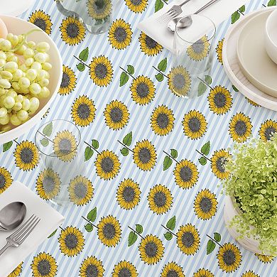 Round Tablecloth, 100% Cotton, 60 Round", Blue Stripes and Sunflowers