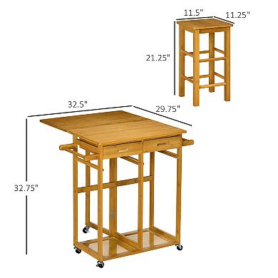 Homcom Bamboo Breakfast Cart With Drop Leaf Table And 2 Stools