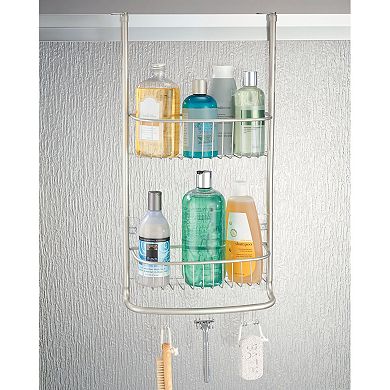 mDesign Stainless Steel 2-Tier Bath/Shower Over Door Caddy with Hooks - Satin
