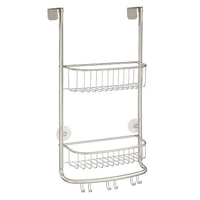 mDesign Stainless Steel 2-Tier Bath/Shower Over Door Caddy with Hooks - Satin