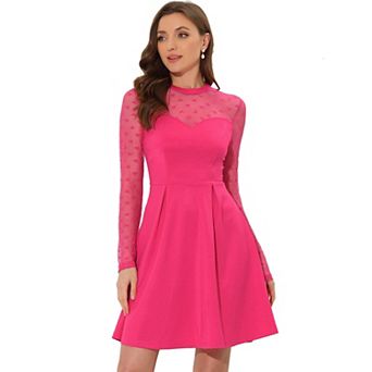 Women's Mesh See Through Heart Sheer Sleeve Skater Party Dress