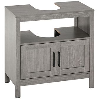 kleankin Pedestal Sink Storage Cabinet, Bathroom Under Sink Cabinet with 2 Doors and Open Shelf, Bathroom Vanity, Space Saver Organizer, Grey