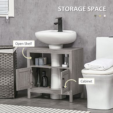 kleankin Pedestal Sink Storage Cabinet, Bathroom Under Sink Cabinet with 2 Doors and Open Shelf, Bathroom Vanity, Space Saver Organizer, Grey