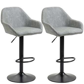 Set Of 2 Pu Adjustable Swivel Bar Stool Chairs W/ Footrest For Kitchen, Grey
