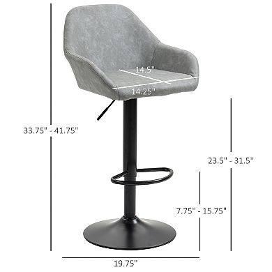 Set Of 2 Pu Adjustable Swivel Bar Stool Chairs W/ Footrest For Kitchen, Grey