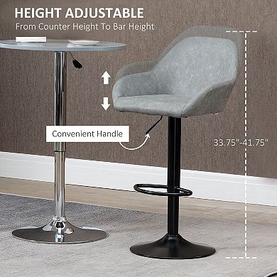Set Of 2 Pu Adjustable Swivel Bar Stool Chairs W/ Footrest For Kitchen, Grey