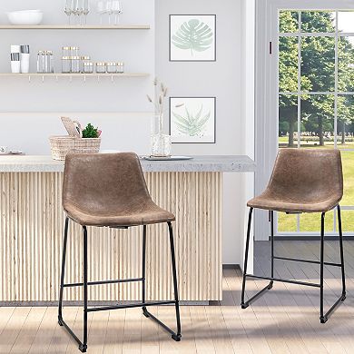 Counter Height Bar Stools Set Of 2 W/ Footrest, Vintage Pu Leather, Dark Brown