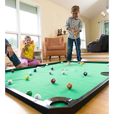 Hearthsong Golf Pool Indoor Family Game-Includes Two Golf Clubs, 16 Balls, Six Pockets, Green Mat, and Rails