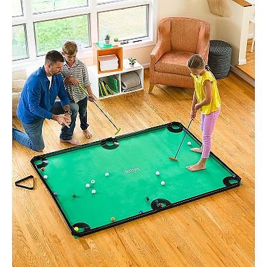 Hearthsong Golf Pool Indoor Family Game-Includes Two Golf Clubs, 16 Balls, Six Pockets, Green Mat, and Rails