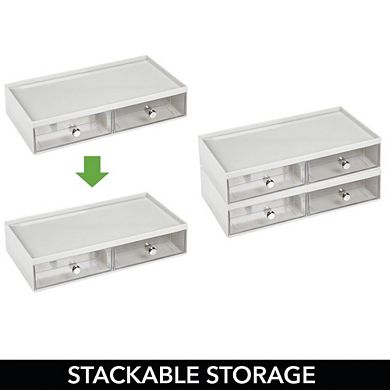 mDesign Wide Plastic Stackable Glasses Organizer Box with 2 Drawers, White/Clear