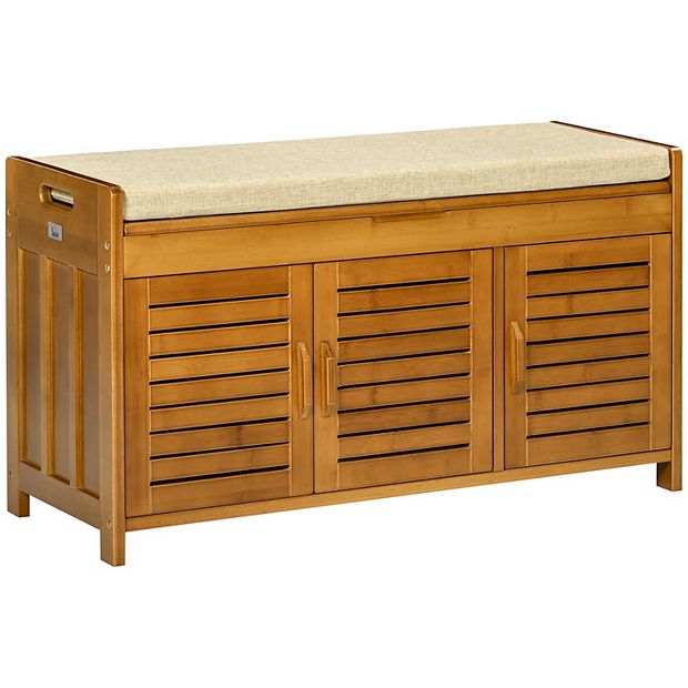 HOMCOM Shoe Bench with Storage Cabinets Entryway Bench with Seating Cushion 3 Doors and Hidden Compartment