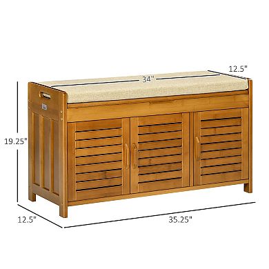 HOMCOM Shoe Bench with Storage Cabinets, Entryway Bench with Seating Cushion, 3 Doors and Hidden Compartment for Hallway, Brown