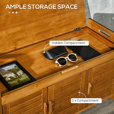 HOMCOM Shoe Bench with Storage Cabinets, Entryway Bench with Seating Cushion, 3 Doors and Hidden Compartment for Hallway, Brown