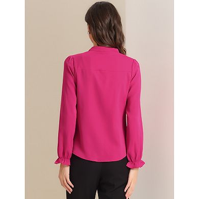 Women's Ruffled Trim Button Down Stand Collar Long Sleeve Blouse Top