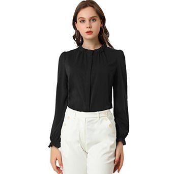 Women's Ruffled Trim Button Down Stand Collar Long Sleeve Blouse Top