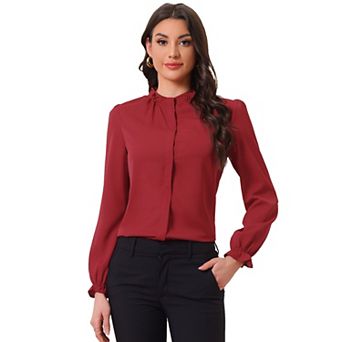 Women's Ruffled Trim Button Down Stand Collar Long Sleeve Blouse Top