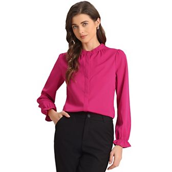 Women's Ruffled Trim Button Down Stand Collar Long Sleeve Blouse Top