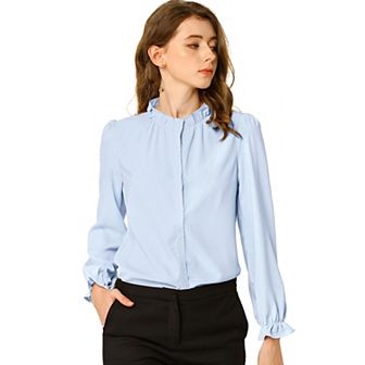 Women's Ruffled Trim Button Down Stand Collar Long Sleeve Blouse Top