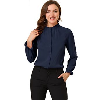 Women's Ruffled Trim Button Down Stand Collar Long Sleeve Blouse Top