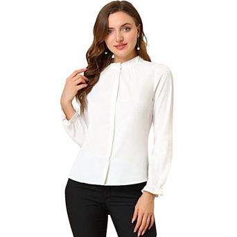 Women's Ruffled Trim Button Down Stand Collar Long Sleeve Blouse Top