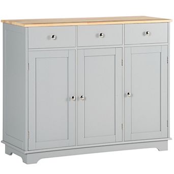 HOMCOM Modern Sideboard with Rubberwood Top, Buffet Cabinet with Storage Cabinets, Drawers and Adjustable Shelves for Living Room, Kitchen, Grey