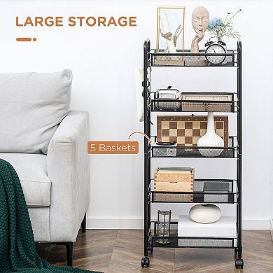 Compact 5-tier Utility Cart, Serving Trolley With Removable Mesh Baskets, Black