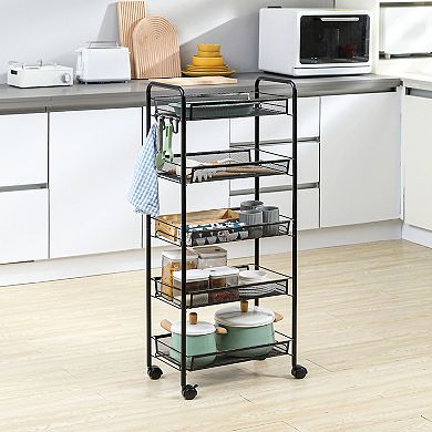 Compact 5-tier Utility Cart, Serving Trolley With Removable Mesh Baskets, Black